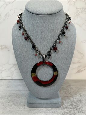 Round Black and Red Pendant Necklace with Gold Accents - Women Jewelry